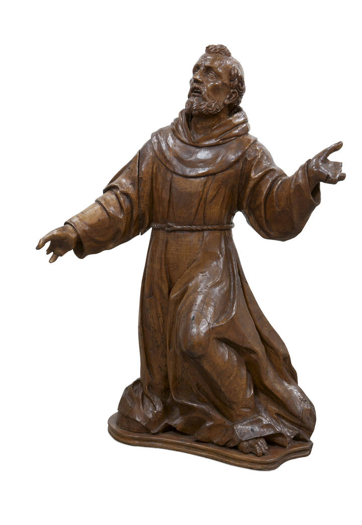 SCULTURA IN LEGNO - Scultura lignea, inizi XVIII secolo, finemente intagliata, raffigurante San Francesco inginocchiato