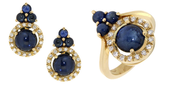 DEMI-PARURE - Demi -parure composta da coppia di orecchini ed anello in oro giallo con zaffiri taglio cabochon e diamanti taglio brillante per complessivi ct 0,30 ca<br>Peso g 6.5<br>Misura 12