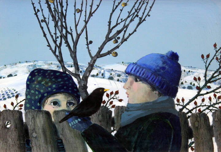 ENZO BELLINI - 'Paesaggio innevato con ragazzi che giocano con un merlo' 1986