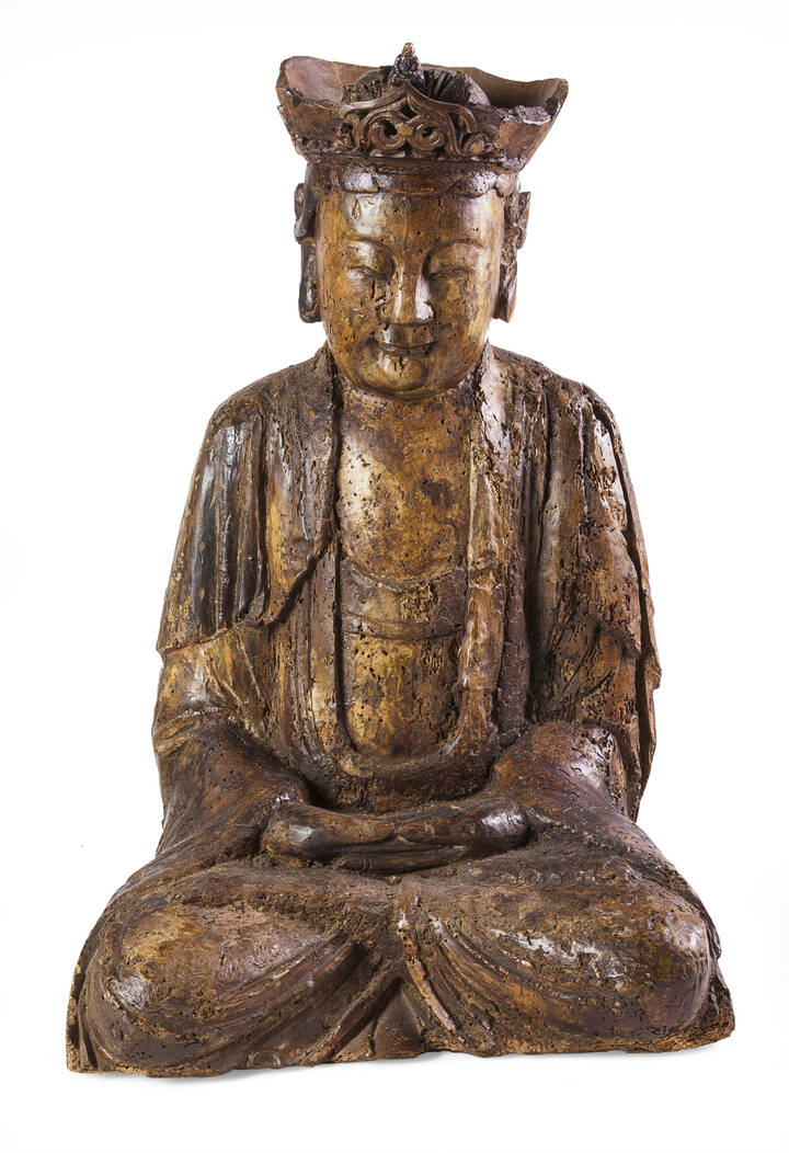 BUDDA - Statua lignea, Cina, XVIII secolo, raffigurante Budda in meditazione. Restauri