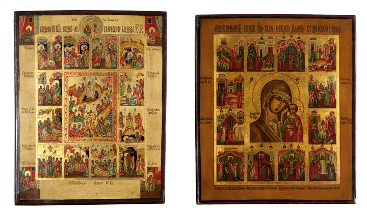 ICONE - Lotto composto da due icone russe, raffiguranti soggetti sacri, epoca XX secolo.