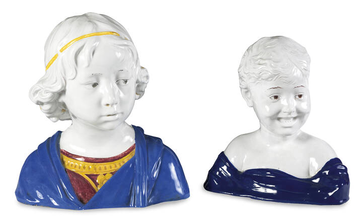 COPPIA DI BUSTI - Coppia di busti in ceramica dipinta, prima metà XX secolo; uno manifattura Cantagalli, Firenze, l'altro anonimo