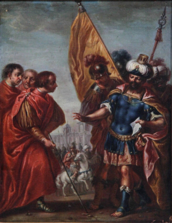 PITTORE ANONIMO FINE DEL XVII SECOLO - 'Scena di guerra (consegna di una missiva)'