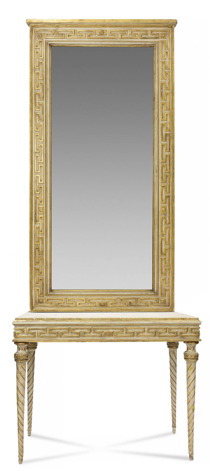 TAVOLO CON SPECCHIERA - Tavolo da muro con specchiera, epoca Luigi XVI, fine XVIII secolo, in legno dorato e laccato con applicazioni in pastiglia dorata; gambe a tronco di cono rovesciato<br>Doratura e laccatura quasi interamente rifatte