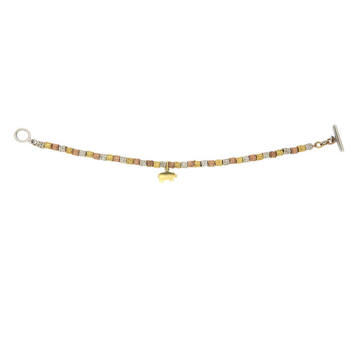 BRACCIALE - Bracciale composto da grani in argento 925/1000, oro giallo e rosa e un ciondolo a forma di maiale, firmato 'Pomellato', modello 'Dodo'
