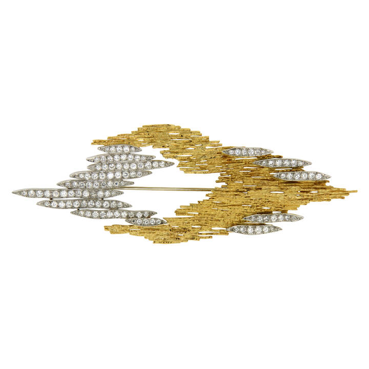 SPILLA - Spilla in oro giallo e bianco lavorata a corteccia d'albero con diamanti taglio brillante per 