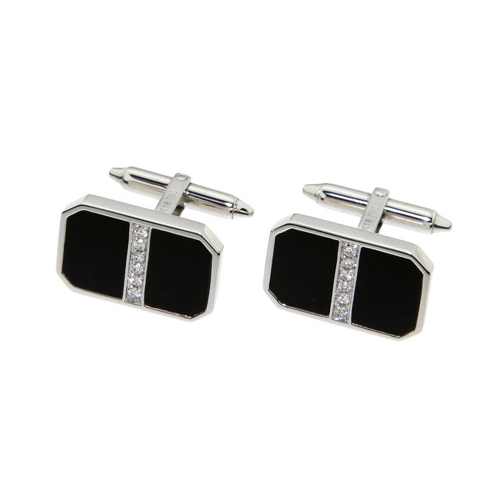 GEMELLI - Coppia di gemelli in oro bianco, di forma geometrica, con onice e due file di diamanti taglio brillante al centro