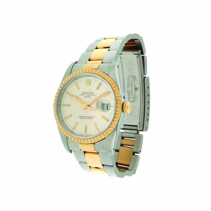 ROLEX - Orologio 'Oyster Perpetual Date', ref.15223, anni '90<br>Diam 34<br>Cassa oyster in acciaio ed oro, in tre parti con fondo e corona a vite; bracciale oyster; quadrante con indici applicati<br>Movimento automatico calibro 3035