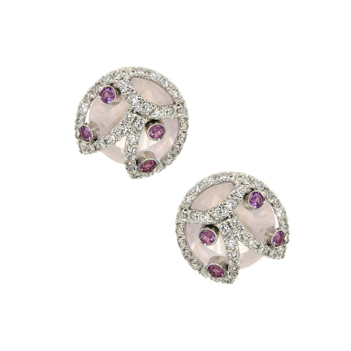 COPPIA DI ORECCHINI - Coppia di orecchini in oro rosa e bianco, a lobo, con due quarzi rosa e diamanti taglio brillante per complessivi ct 0,30 ca a suggerire l'immagine di una coccinella stilizzata,