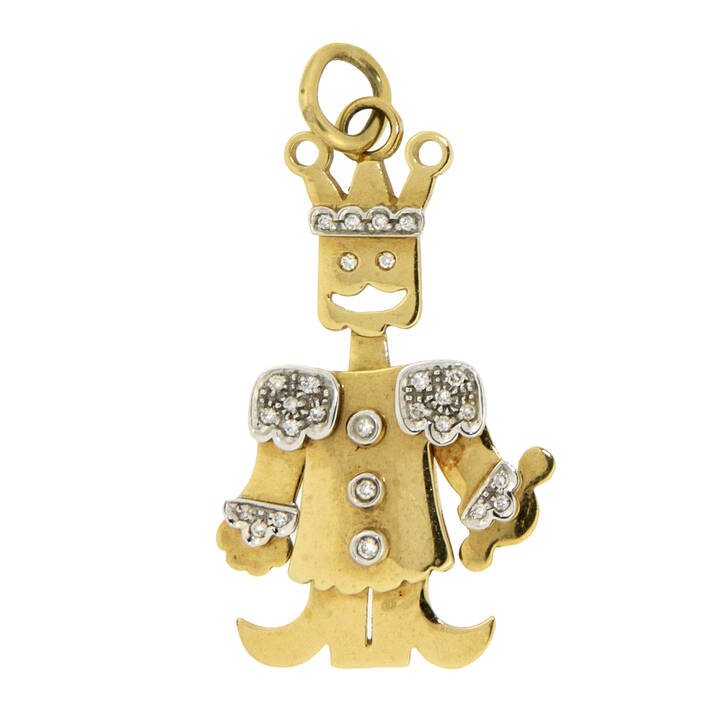 CIONDOLO - Ciondolo in oro giallo e bianco raffigurante re con testa e arti mobili; piccoli diamanti taglio brillante  