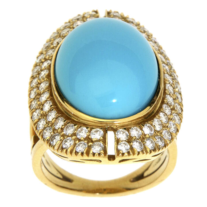 REPOSSI - Anello in oro giallo, firmato 'Repossi', sommità con turchese taglio ovale e doppio contorno di diamanti taglio brillante per complessivi ct 1,20 ca