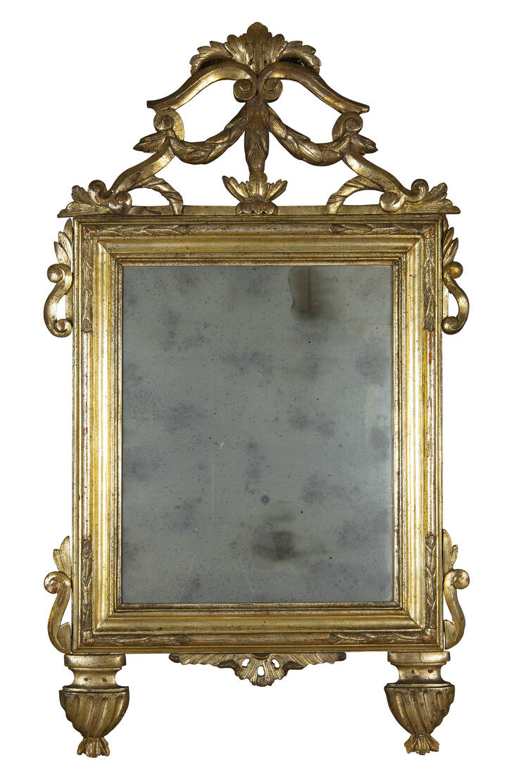 SPECCHIERA - Specchiera in legno scolpito a motivi vegetali e argentato alla mecca, Piemonte, epoca Luigi XVI<br>127x74