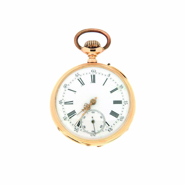 BERTHOUD FRERES - Orologio da tasca fine XIX secolo<br>Diam 46<br>Tripla cassa in oro giallo finemente incisa a rilievo con stemma sabaudo; quadrante in smalto