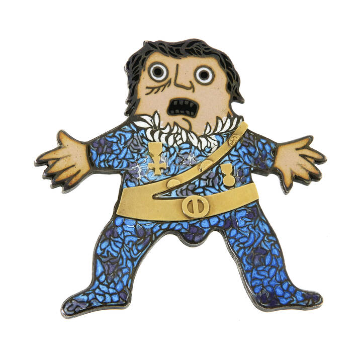 ENRICO BAJ - Ciondolo in argento 925 millesimi, oro giallo e smalti policromi, firmato ' Baj', esemplare 294/400, raffigurante un generale <br>Peso g 31,2