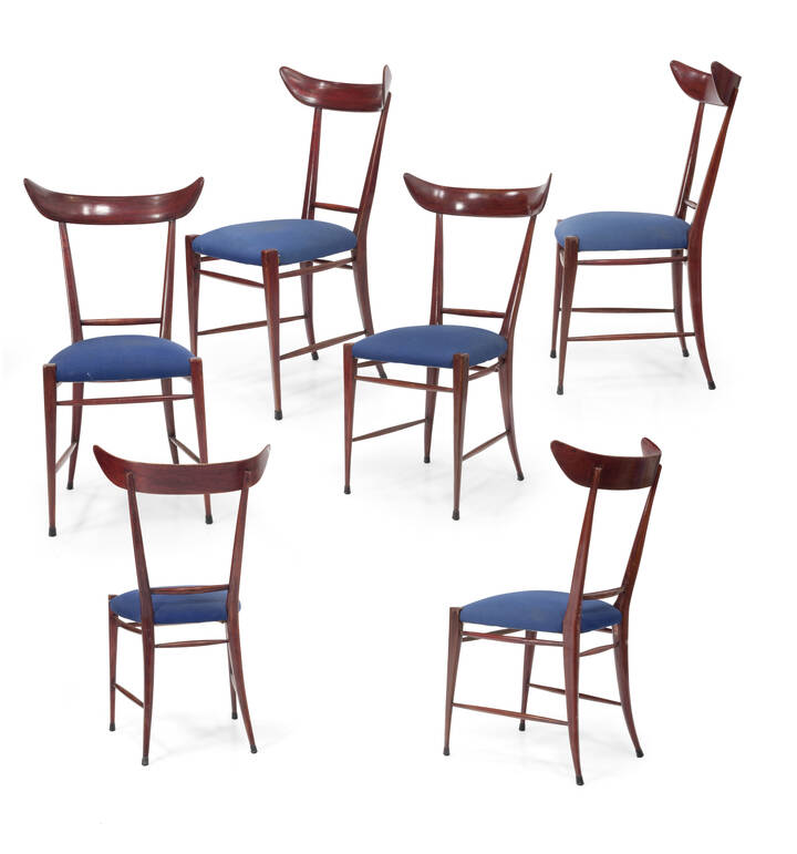 SILVIO CAVATORTA - Sei sedie in legno di mogano e sedili in tessuto imbottito.