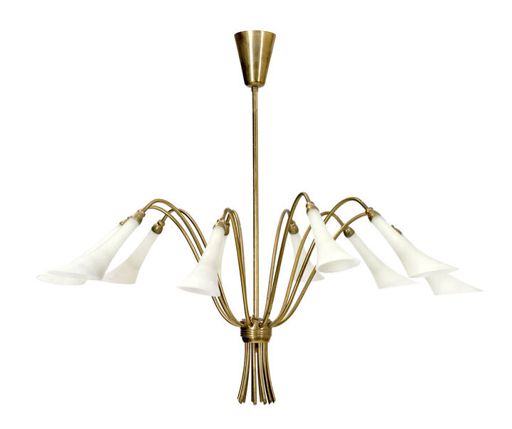 ARREDOLUCE, attribuito - Lampada a sospensione in ottone lucido e diffusori <br>