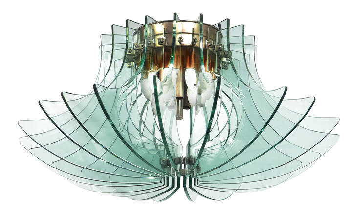 FONTANA ARTE - Importante lampada a sospensione formata da struttura in acciaio nichelato e lastre ad incastro in vetro trasparente di colore verde Nilo.