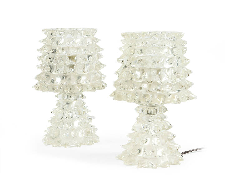 BAROVIER & TOSO - Coppia di lampade da tavolo in vetro cristallo rostrato.