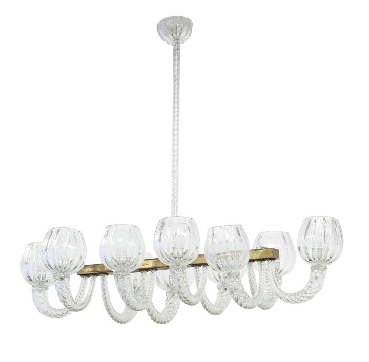 BAROVIER & TOSO - Lampada a sospensione con struttura in ottone, bracci in vetro trasparente lavorato a torchon.
