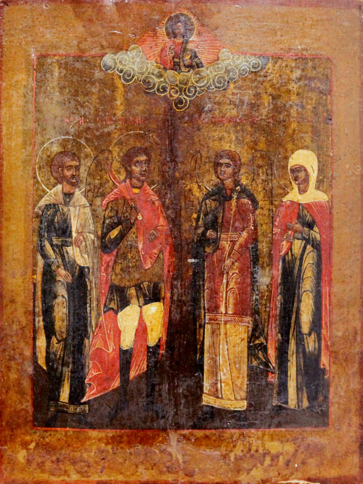 ICONA - 'Cristo Pantocrator con Madonna, San Giovanni, Arcangelo Michele e Arcangelo Gabriele' Russia, fine XVIII-inizi XIX secolo