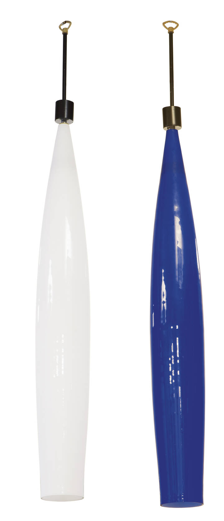 ALESSANDRO PIANON - Coppia di lampade a sospensione in vetro incamiciato colorato e ottone,