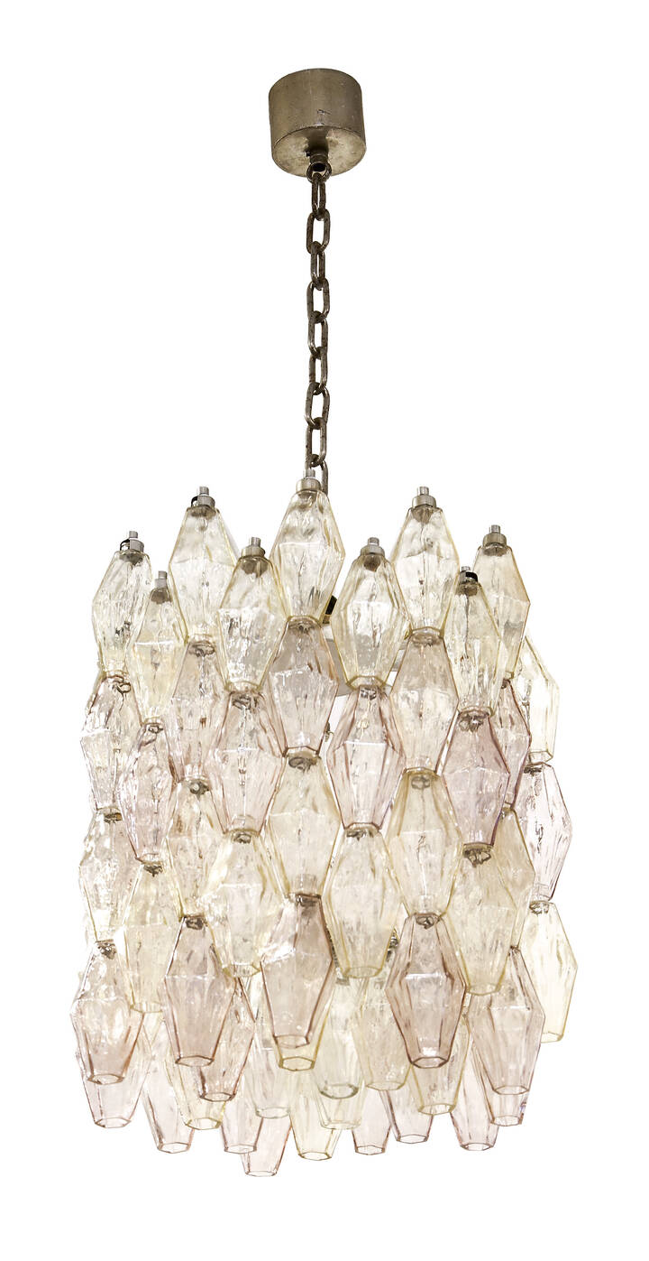 VENINI - Lampada a sospensione della serie poliedri.<br>Vetro soffiato e struttura in acciaio cromato.