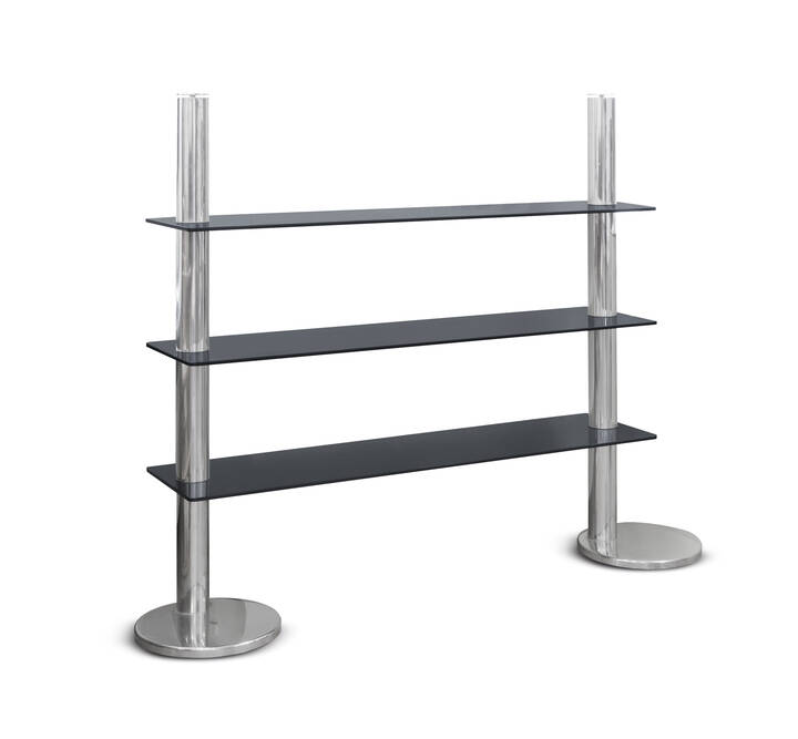 ELCO - Libreria con struttura in metallo cromato e piani in vetro.