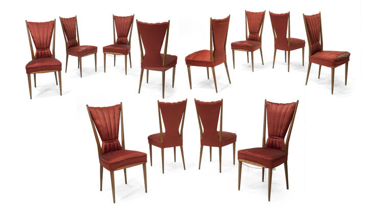 PAOLO BUFFA - Dodici sedie con struttura in legno di noce, rivestimento in raso e imbottitura cucita.