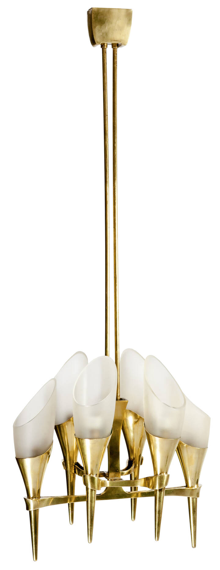 MAX INGRAND - Lampada a sospensione con struttura in ottone lucido e diffusore in vetro satinato.