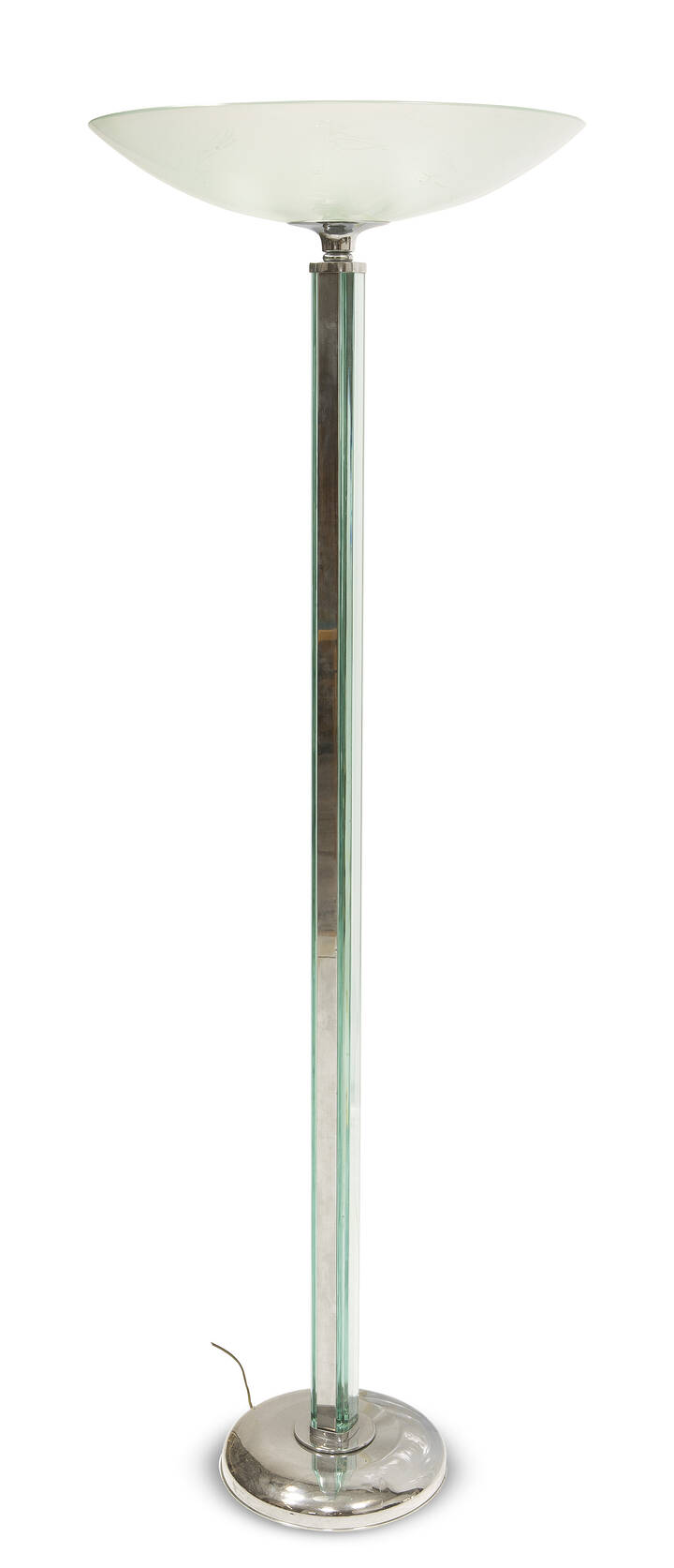 FONTANA ARTE - Lampada da terra con stelo costituito da lastre in cristallo, struttura in metallo cromato.