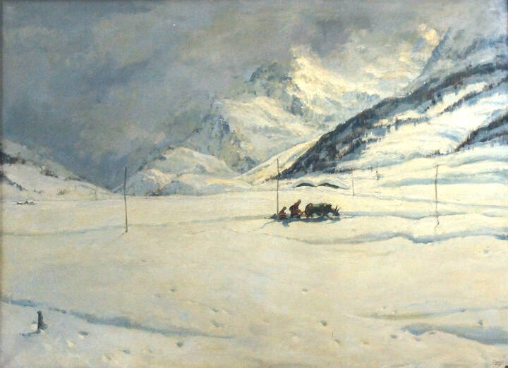CARLO MUSSO - 'Paesaggio alpino innevato con figure'