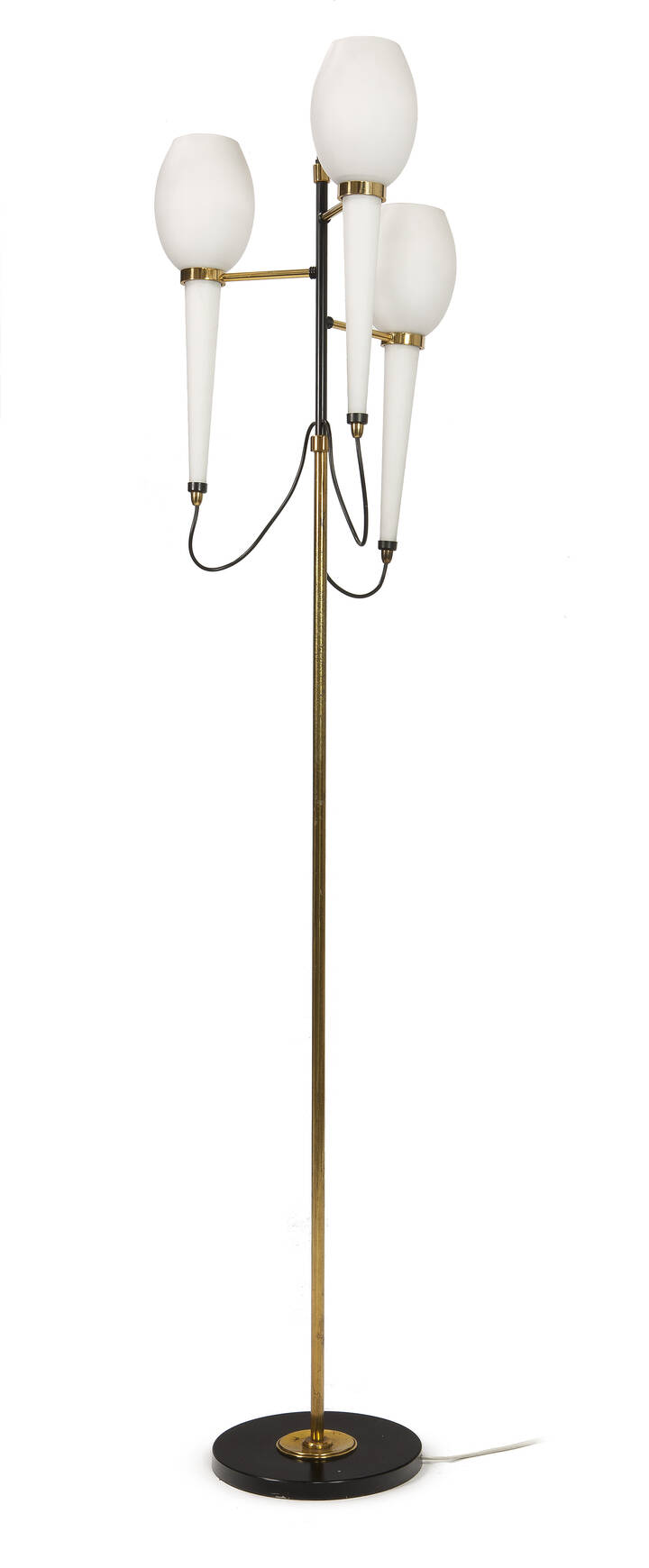 STILNOVO - Lampada da terra con struttura in metallo laccato e ottone, diffusori in vetro soffiato e satinato.