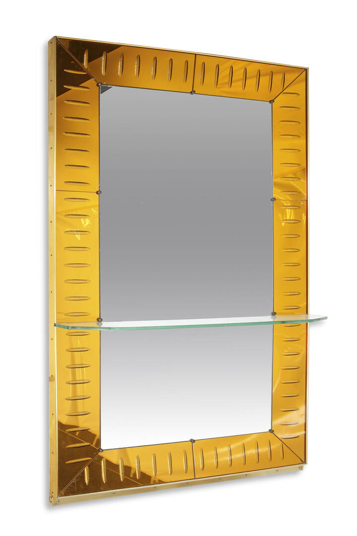 CRISTAL ART - Specchiera con mensola, cornice in vetro specchiato colorato e molato, vetro specchiato e ottone lucidato.