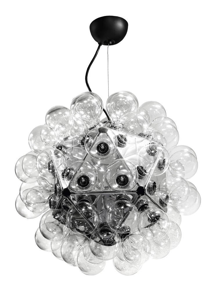 ACHILLE CASTIGLIONI - Taraxacum 88<br>Lampada a sospensione a luce diretta e riflessa.<br>Struttura in alluminio lucidato stampato.