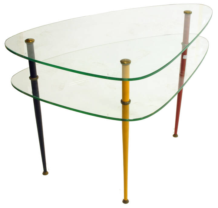 EDOARDO PAOLI - Arlecchino<br>Tavolino in acciaio smaltato, ottone e cristallo temperato.