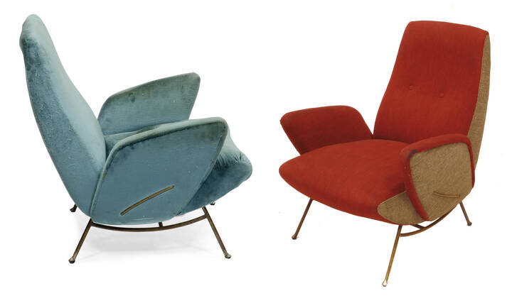 NINO ZONCADA - Coppia di poltrone in tessuto imbottito e sostegni in ottone.