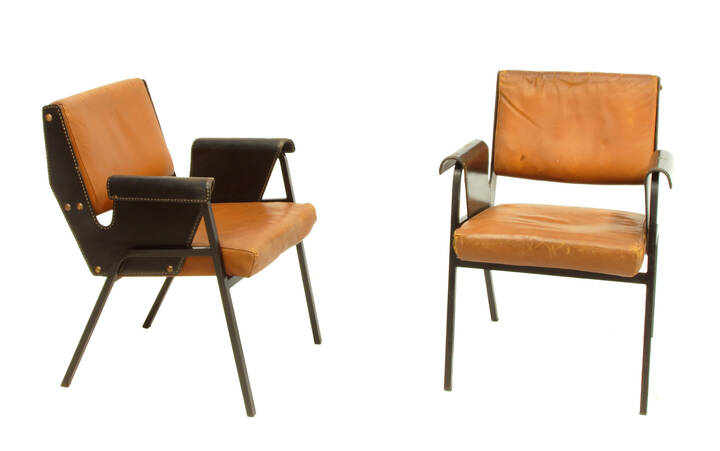 GUSTAVO PULITZER - Albenga <br>Coppia di poltrone in tessuto, pelle e metallo laccato.