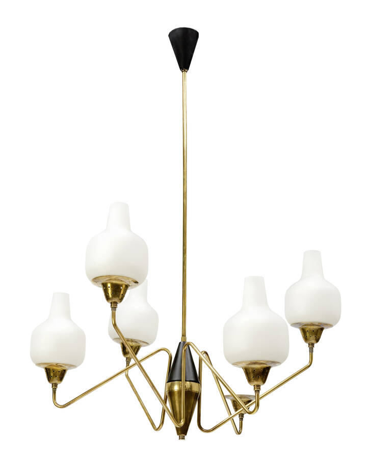 STILNOVO - Lampada a sospensione in ottone e metallo laccato, diffusori in vetro satinato.