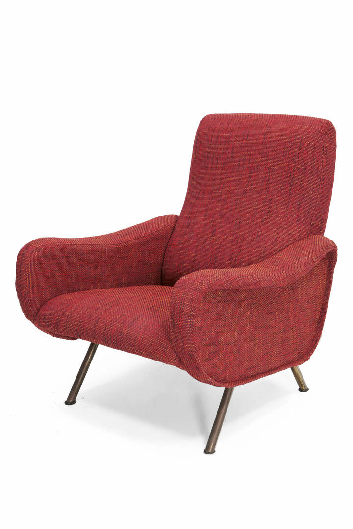 MARCO ZANUSO - Lady<br>Poltrona con struttura metallica a stampo ed imbottitura rivestita in tessuto.