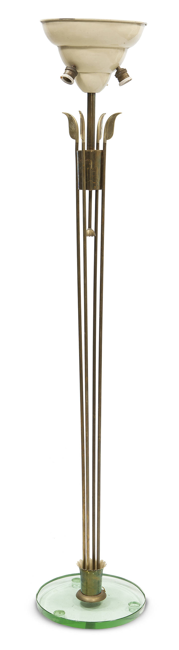 PRODUZIONE ITALIANA - Lampada da terra con base in cristallo verde Nilo di forte spessore e stelo in ottone lucido.