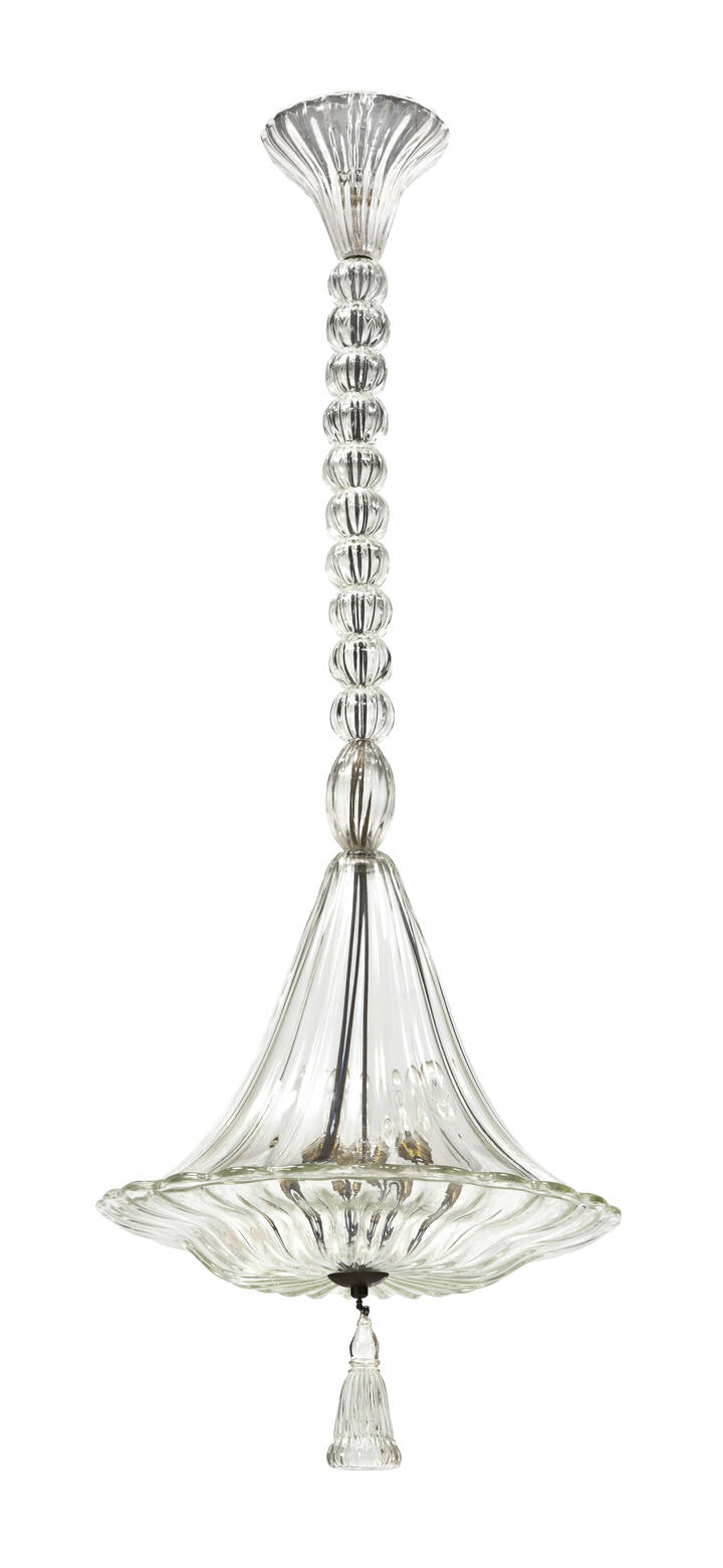 SEGUSO - Lampada a sospensione con elementi in vetro trasparente di Murano e grande coppa.