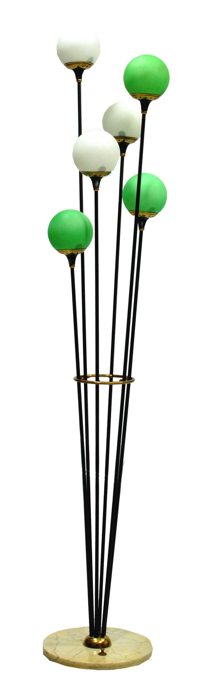 STILNOVO - Lampada da terra in metallo laccato, diffusori in vetro opalino.