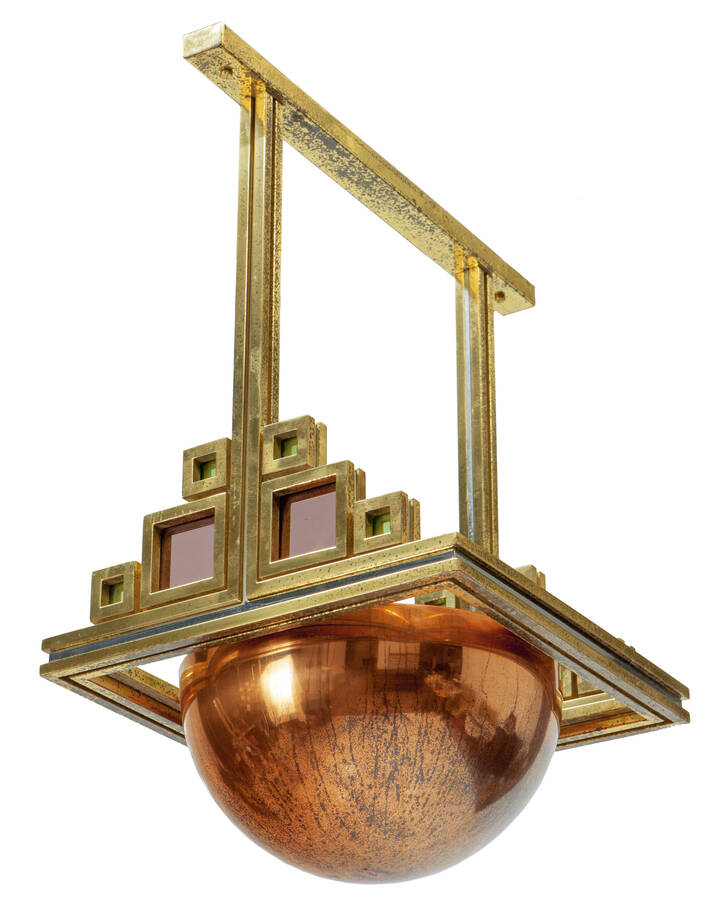 WILLY RIZZO, attribuito - Lampada a sospensione in ottone lucido, metallo cromato e rame, inserti in vetro.