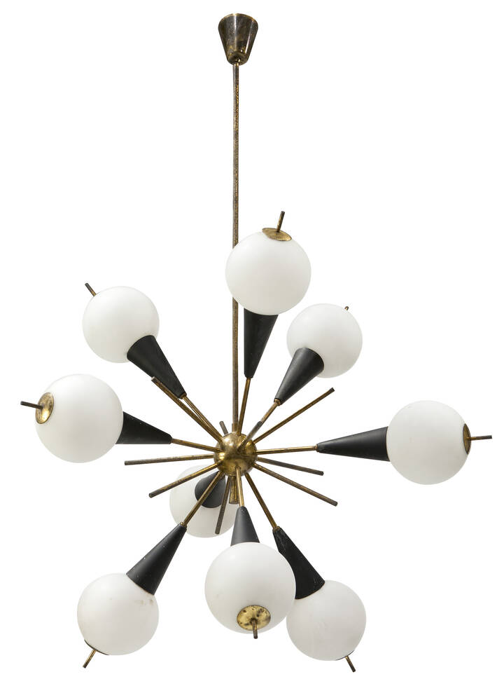 STILNOVO - Lampada a sospensione in ottone, metallo laccato e vetro.