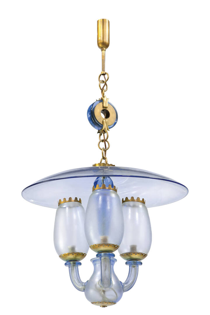 BAROVIER & TOSO - Lampada a sospensione con elementi in vetro corroso e lievemente iridato. Struttura in ottone.