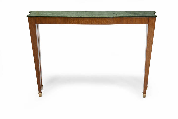 PAOLO BUFFA - Console in legno di noce, piano in marmo e ottone.