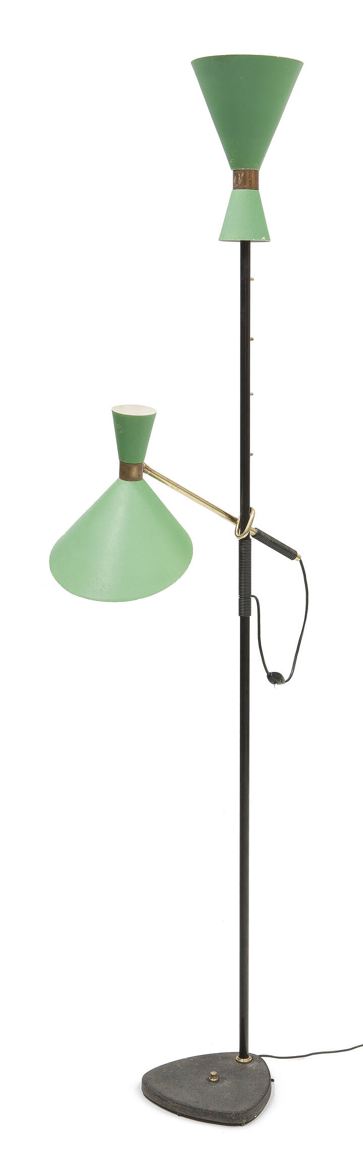 JULIUS THEODOR KALMAR - Pelikan<br>Lampada da terra in ottone, metallo verniciato e alluminio verniciato.