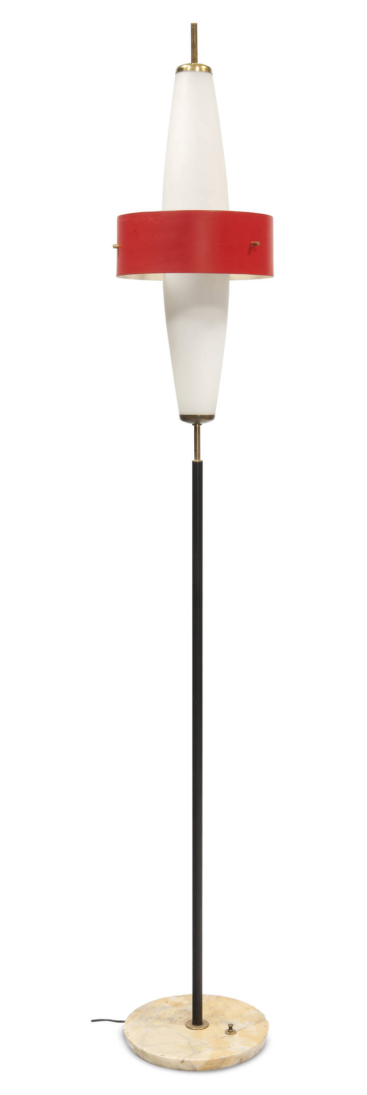 STILNOVO - Lampada da terra in ottone e metallo verniciato, diffusori in vetro opalino.