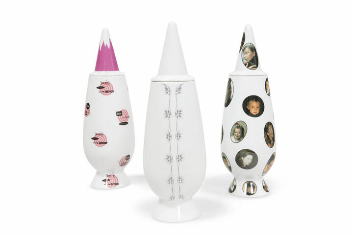 ALESSANDRO MENDINI - 100% Make Up<br>Tre vasi della prima serie decorati rispettivamente da: Dan Friedman, Jan Mohamed Hanif, Andreas Schulze.