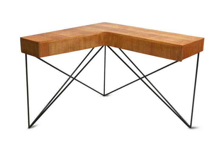 GIOVANNI FERRABINI - Console struttura in ferro verniciato e piano in legno, due cassetti sottostanti.